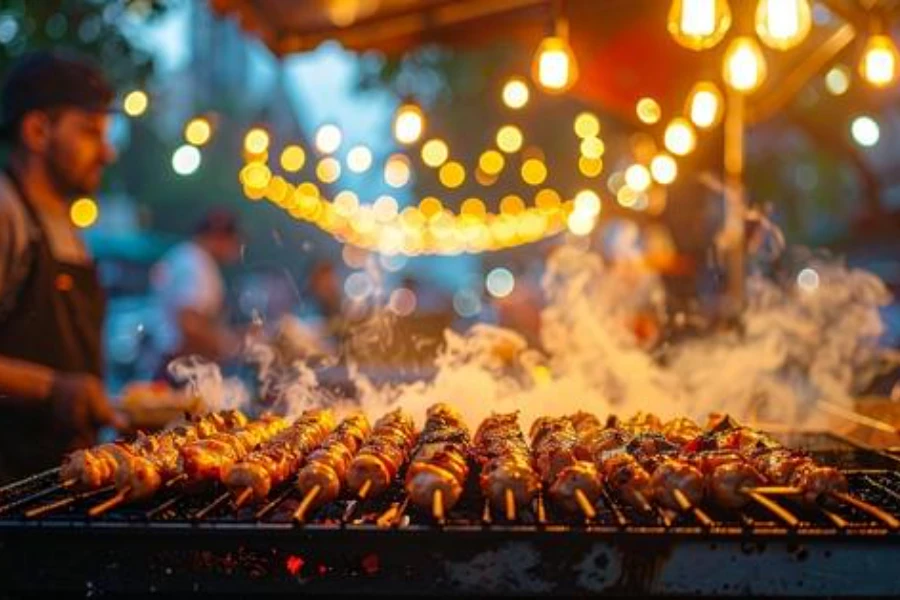 Churrasco skewers on the grill at a Festa London event