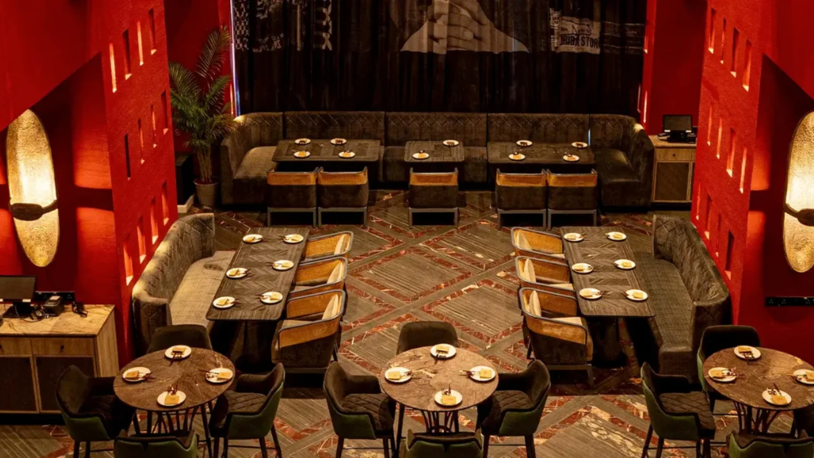 The Coppergate dining room with warm lighting and stone walls